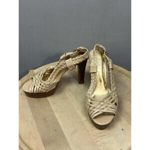 Ralph Lauren Shoes Womens Size 8M Beige Leather Platform High Heel Woven Sandals